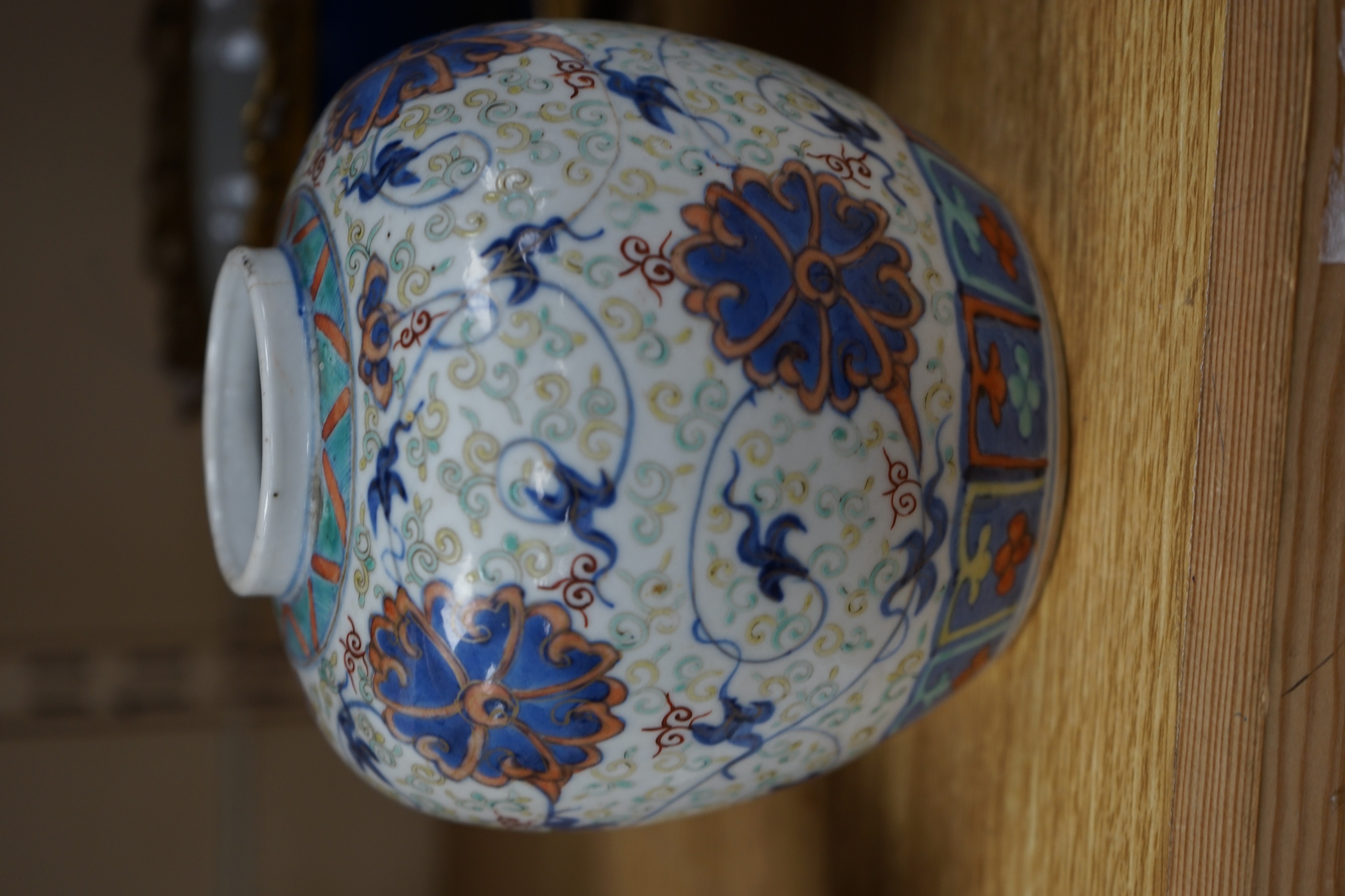 An 18th century Chinese clobbered blue and white bowl, a Samson powder blue ormolu mounted bowl, 19.5cm wide and a 19th century Chinese doucai style jar